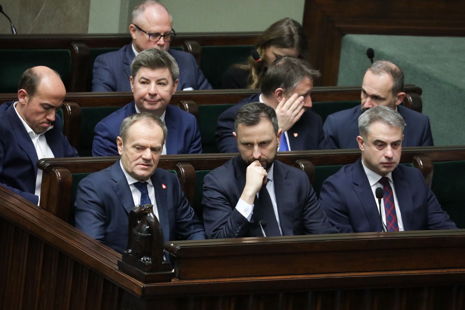 Przedstawiciele rządu Donalda Tuska w Sejmie. Na zdjęciu m.in. Donald Tusk, Władysław Kosiniak-Kamysz i Krzysztof Gawkowski
