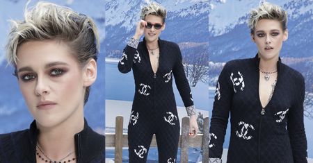 Kobieca Kristen Stewart pozuje na sztucznym śniegu