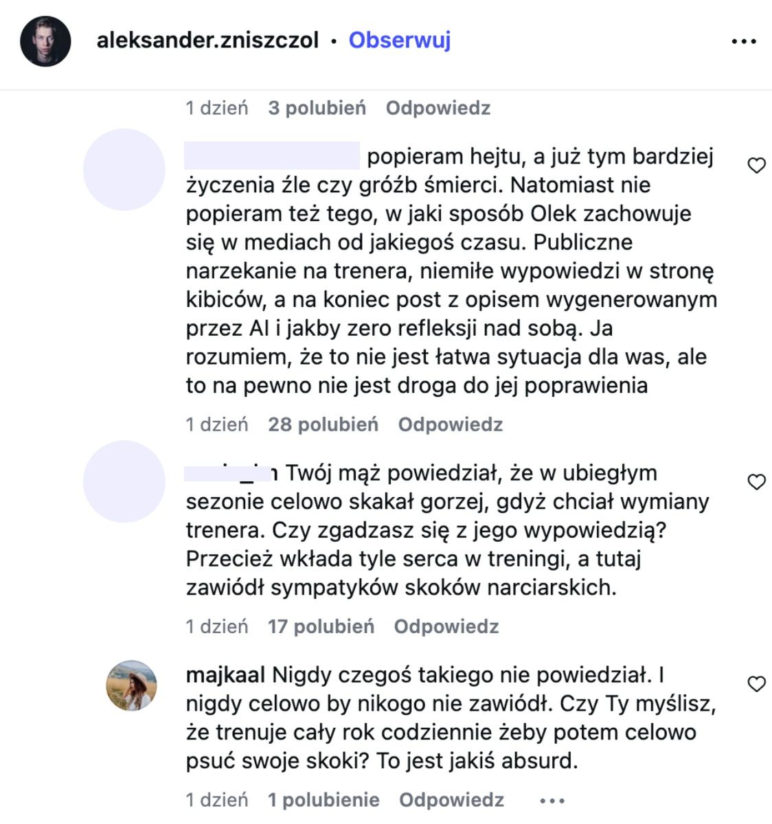 Żona Aleksandra Zniszczoła w rozmowie z fanami