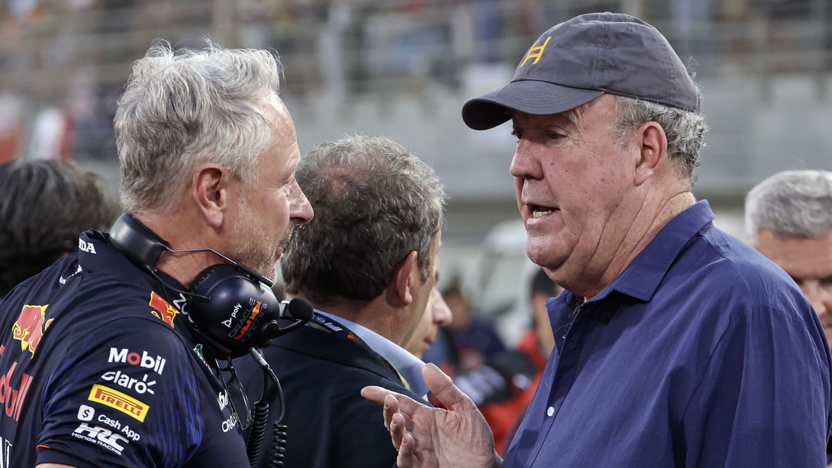 BAHRAIN, BAHRAIN - MARCH 05: Jonathan Wheatley of Great Britain and Oracle Red Bull Racing (L) and Jeremy Clarkson of Great Britain (R) talk before the F1 Grand Prix of Bahrain at Bahrain International Circuit on March 5, 2023 in Bahrain, Bahrain. (Photo by Qian Jun/MB Media/Getty Images)