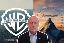 Brendan Carr na tle logo Paramount i Warner Bros., fot.YT