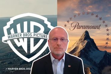 Brendan Carr na tle logo Paramount i Warner Bros., fot.YT