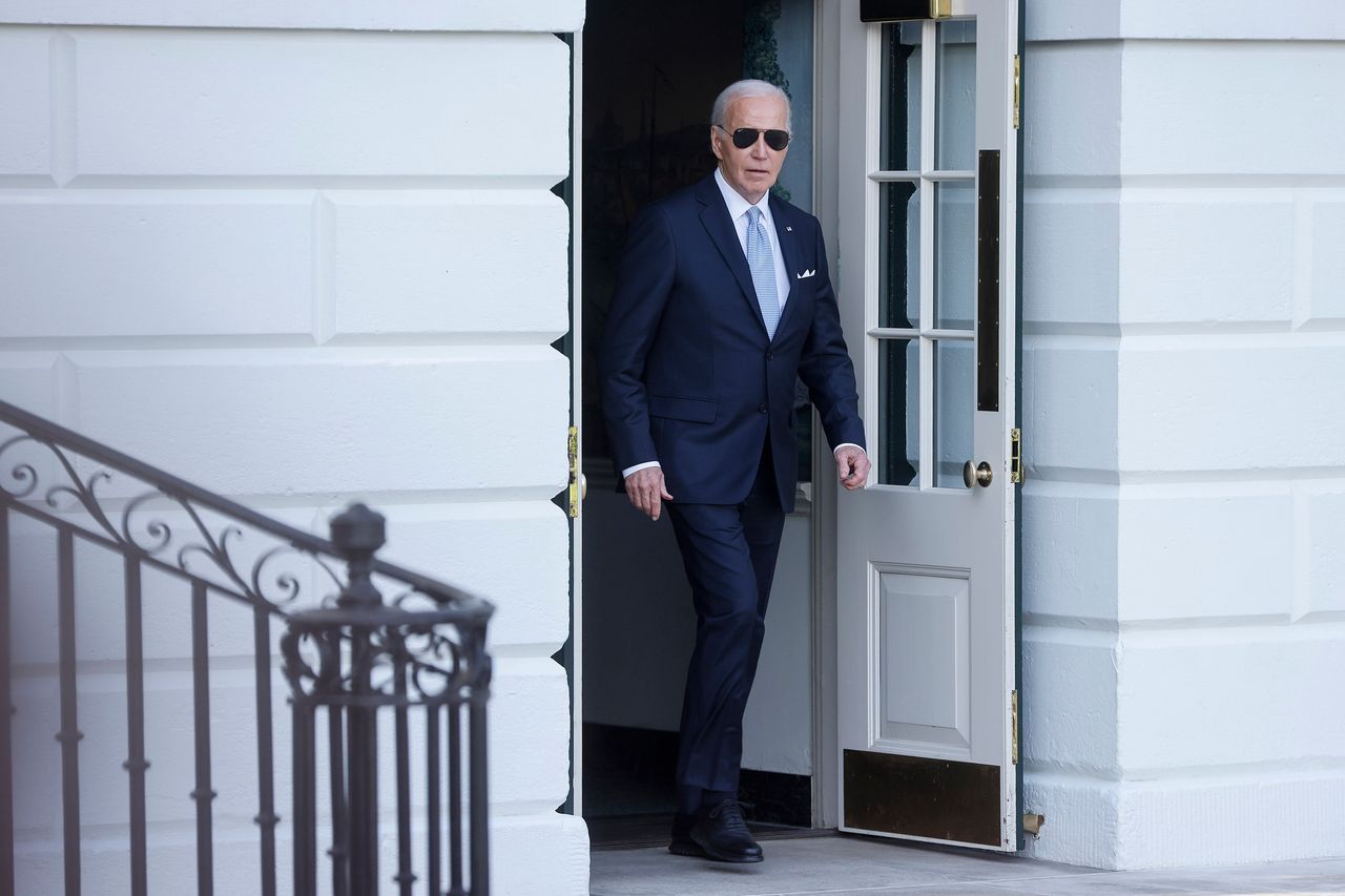 US President Joe Biden exits the residence of the White House before boarding Marine One in Washington, DC, US, on Friday, May 3, 2024. The Biden administration told Iowa it will sue to block a new law that makes it a crime to reenter the state after being deported from the US, saying it is preempted by federal law, undermines foreign relations and effectively creates a second immigration system. Photographer: Jonathan Ernst/UPI/Bloomberg via Getty Images