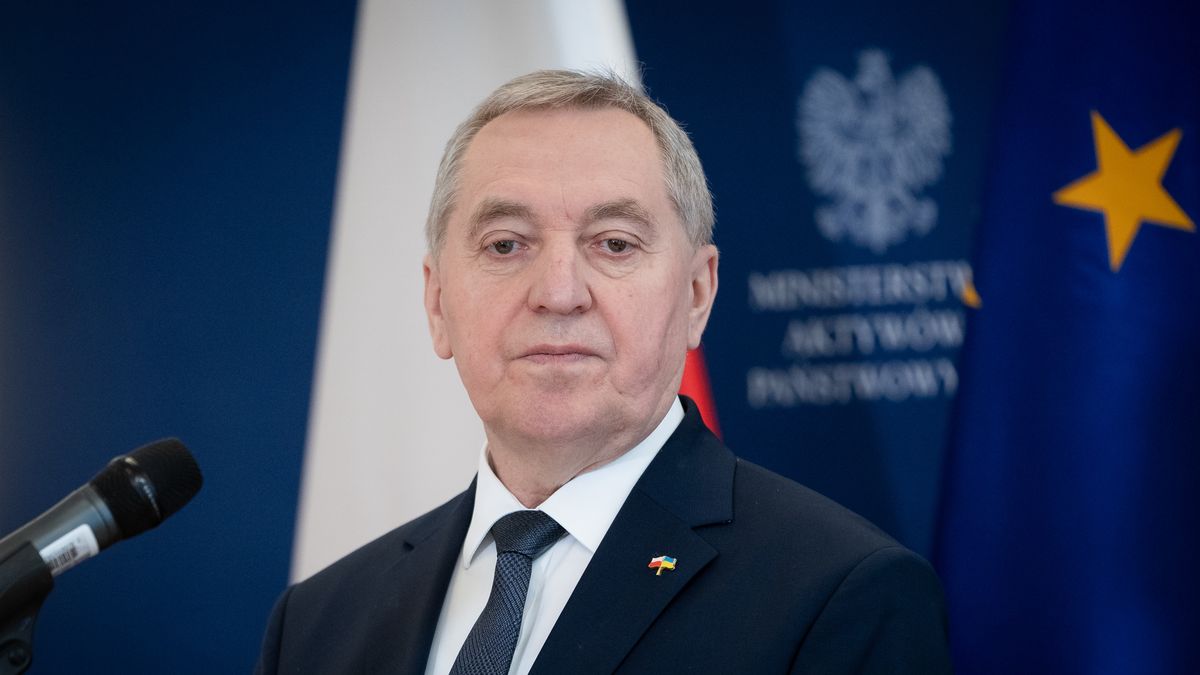 Na zdjęciu wicepremier Henryk Kowalczyk na konferencji prasowej. W tle flagi unijna i polska