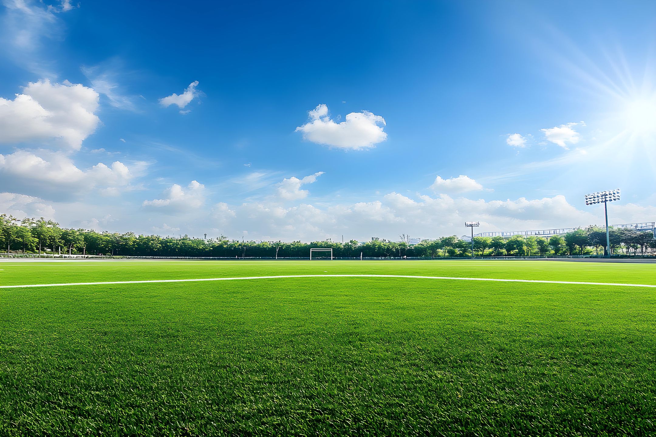 soccer field, blue sky, green grass, outdoor sports, football pitch, sunshine, clouds, serenity, nature backdrop, athletic grounds, goalpost, corner flag, midfield line, clear weather, sun flare, artificial turf, leisure activity area, open space environment, sports field, soccer match, field lines, sports venue, football game, field layout, sports setting, soccer environment, field perspective, football competition, field maintenance, soccer arena, soccer stadium, field texture, sports lighting, soccer event, field reflections, soccer ground, sports ambiance, soccer field design, field panorama, soccer field view