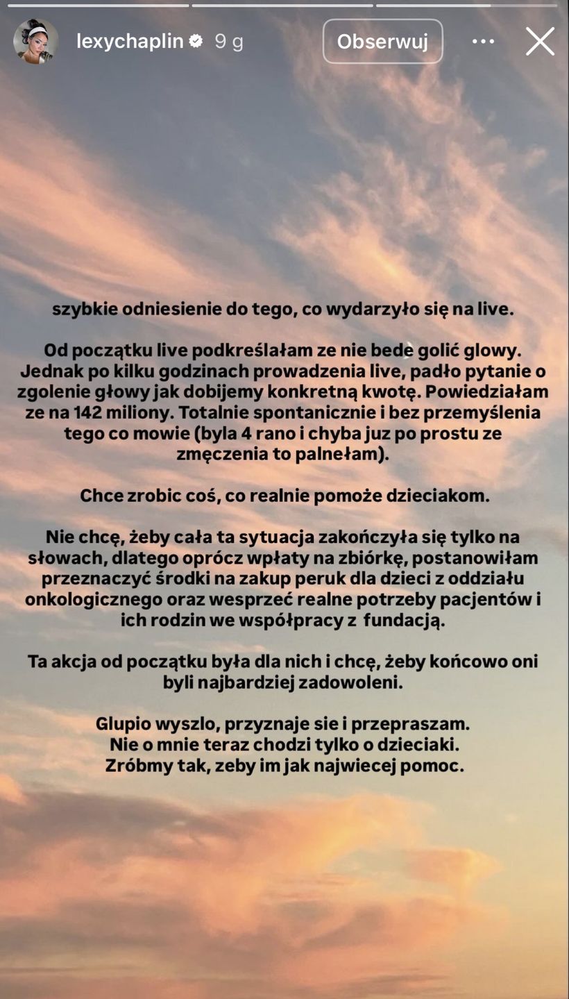 Lexy Chaplin  wydała oświadczenie 