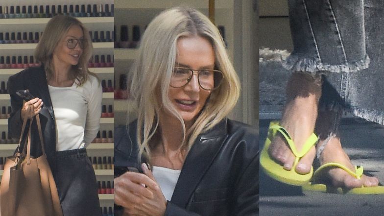 Agnieszka Woźniak-Starak opuszcza salon pedicure ze starannie wypielęgnowanymi stopami