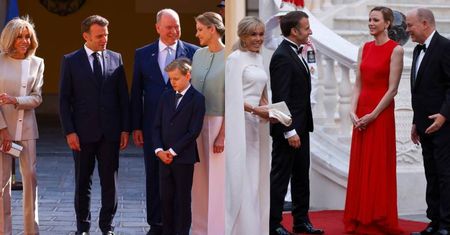 Brigitte i Emmanuel Macron z wizytą u księżnej Charlene i księcia Alberta. Panie zaprezentowały się w ZJAWISKOWYCH sukniach