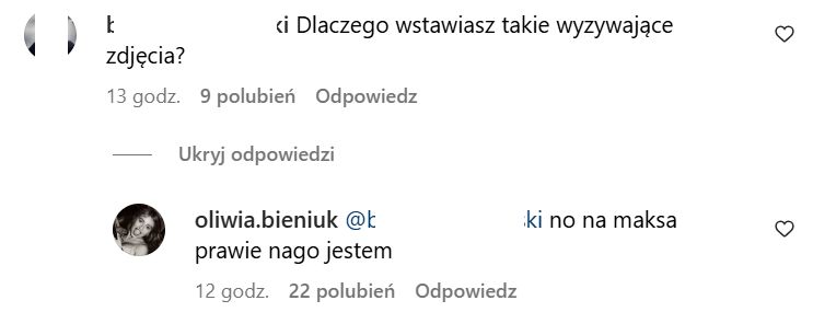 Komentarz Oliwii Bieniuk na Instagramie