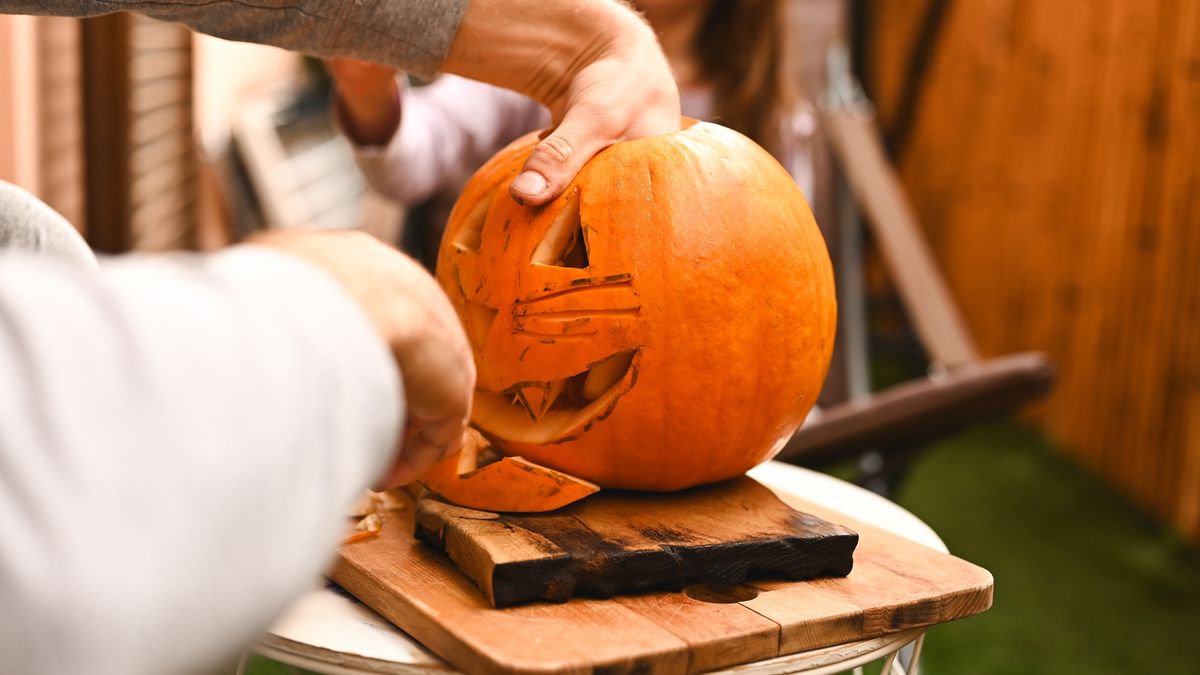 Father and daughter carving halloween pumpkin jack-o'-lantern
Father and child carving a jack-o'-lantern for halloween outside
Yuliya Taba