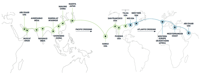 Trasa lotu Solar Impulse 2 (na zielono przebyte etapy)