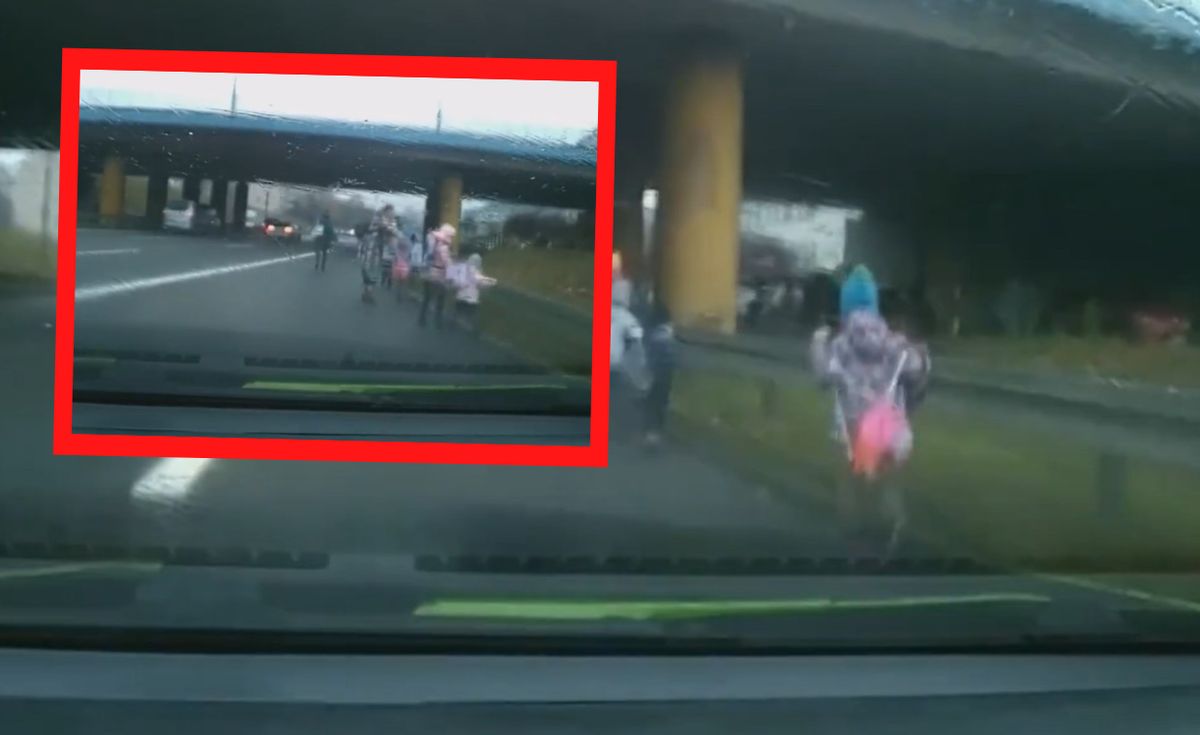Kierowca nagrał grupę dzieci biegnących w stronę przystanku ruchliwą drogą