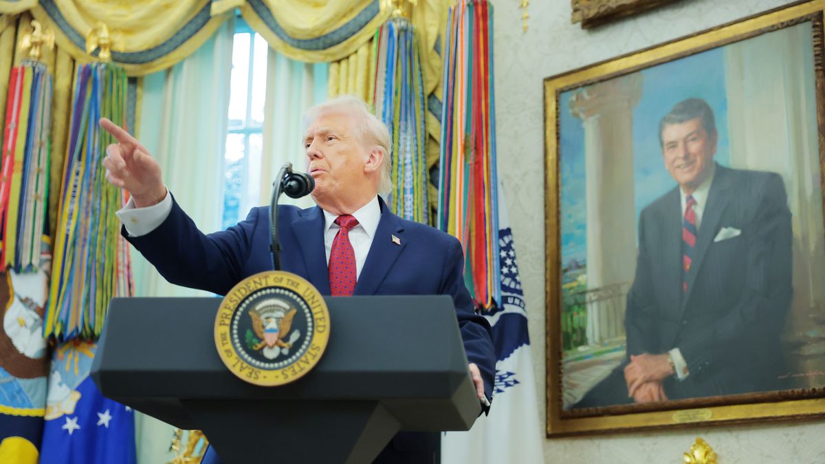 WASHINGTON, DC - DECEMBER 15: U.S. President Donald Trump speaks to reporters after a ceremony for the presentation of the Mexican Border Defense Medal in the Oval Office of the White House on December 15, 2025 in Washington, DC. During the ceremony, Trump recognized the first 13 service members to receive the recently established Mexican Border Defense Medal (MBDM), which recognizes service members supporting Customs and Border Protection on the U.S.-Mexico border. (Photo by Anna Moneymaker/Getty Images)