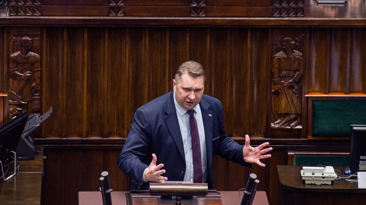 WARSAW, MASOVIAN VOIVODESHIP, POLAND - 2023/12/11: Przemyslaw Czarnek, former Minister of Education speaks during the session of the Lower House of Parliament. Poland's parliament voted for Donald Tusk as the new prime minister, with 248 MPs supporting him and 201 against. Tusk, known in Europe, was prime minister from 2007 to 2014 and led the European Council and the center-right European People's Party. After Poland's recent election where opposition parties won the most seats, Mateusz Morawiecki's conservative government lost a vote of confidence. This allows Donald Tusk's coalition to take over this week, ending eight years of the Law and Justice (PiS) party's rule. (Photo by Attila Husejnow/SOPA Images/LightRocket via Getty Images)