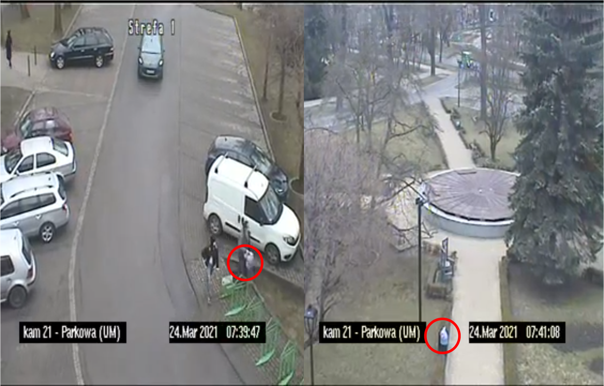 Śląskie. Wyrzucanie do koszy ulicznych odpadów z gospodarstw domowych w Bytomiu obrazują kamery miejskiego monitoringu.