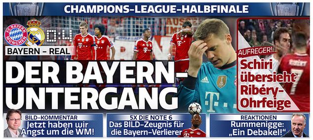 "Upadek Bayernu" - tytułuje relację z meczu dziennik Bild