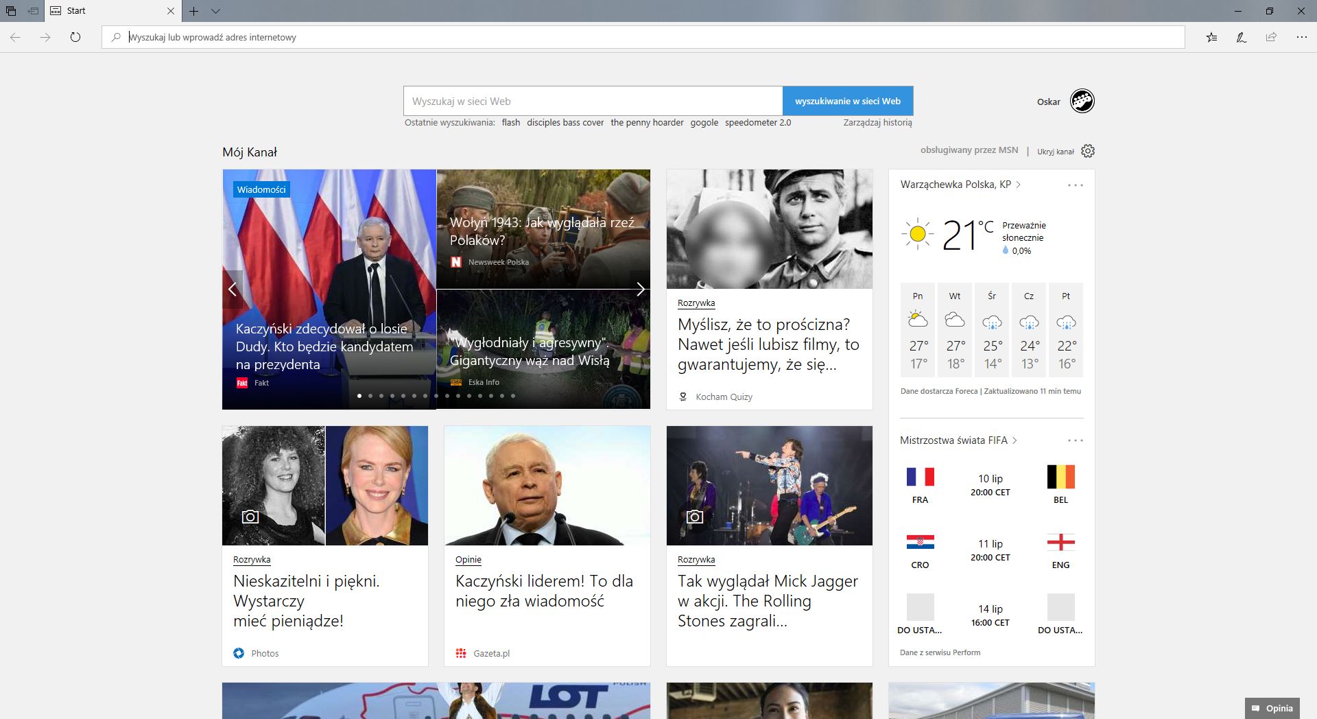 Domyślna zawartość nowej karty w Microsoft Edge to wiadomości MSN.