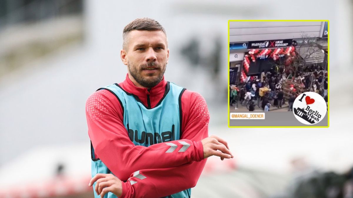 Na dużym zdjęciu: Lukas Podolski, na małym: kolejka do jego lokalu z kebabem w Berlinie (X)