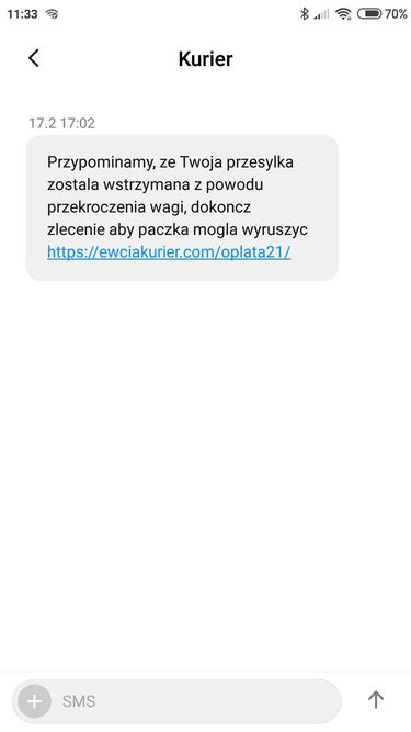 SMS od "kuriera" zawiera link do spreparowanego serwisu płatności.