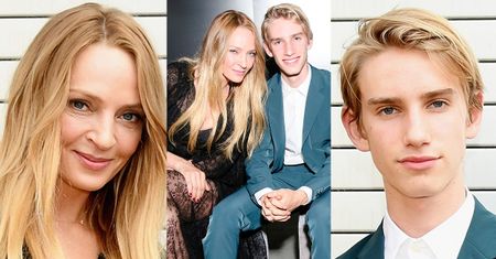 Skromna Uma Thurman pozuje z synem na pokazie mody