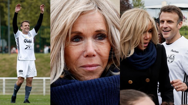 Brigitte Macron dopinguje biegającego po murawie męża. Emmanuel Macron wziął udział w meczu charytatywnym (ZDJĘCIA)
