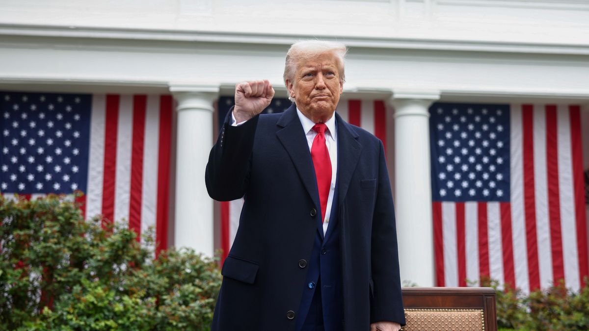 US President Donald Trump during a tariff announcement in the Rose Garden of the White House in Washington, DC, US, on Wednesday, April 2, 2025. Trump is imposing tariffs on US trading partners worldwide, his biggest assault yet on a global economic system he has long bemoaned as unfair. Photographer: Jim Lo Scalzo/EPA/Bloomberg via Getty Images