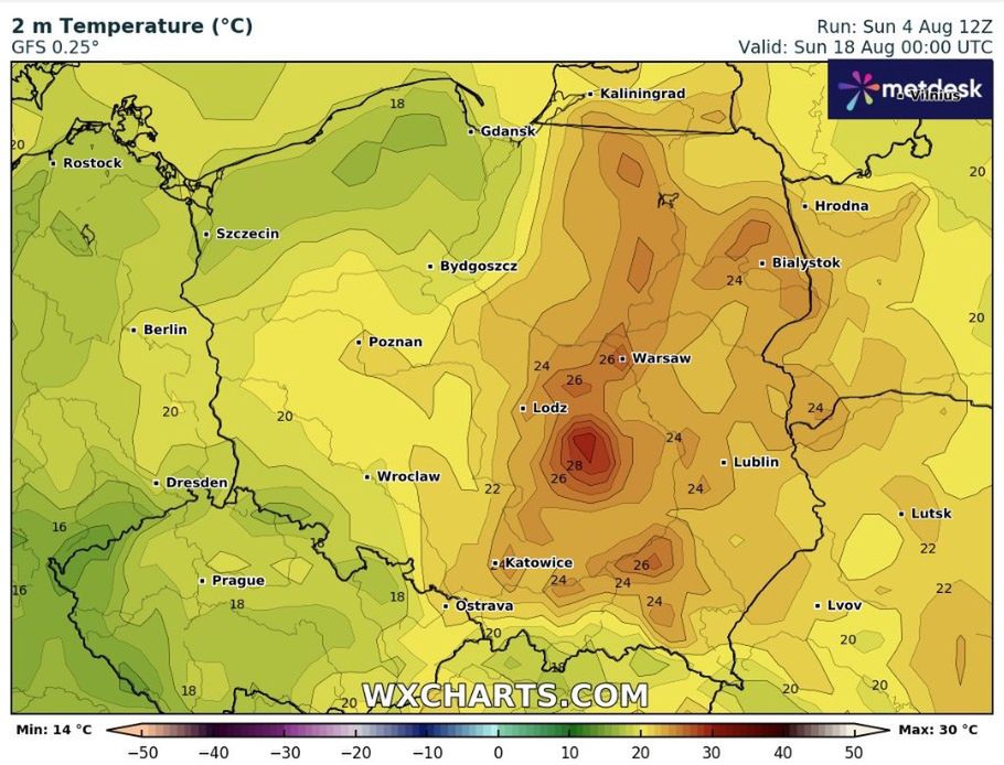 Na zdjęciu: prognozowana temperatura o godz. 24 w nocy 17 sierpnia