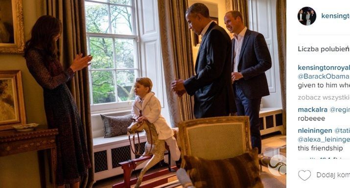 Książę George w szlafroku na spotkaniu z Barackiem Obamą zdjęcia