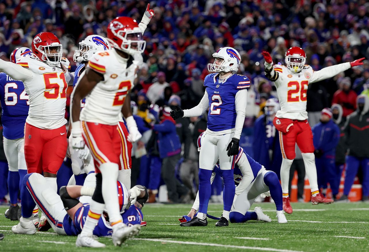 ORCHARD PARK, NEW YORK - JANUARY 21: Tyler Bass #2 of the Buffalo Bills reacts after missing a 44 yard field goal attempt against the Kansas City Chiefs during the fourth quarter in the AFC Divisional Playoff game at Highmark Stadium on January 21, 2024 in Orchard Park, New York. (Photo by Al Bello/Getty Images)