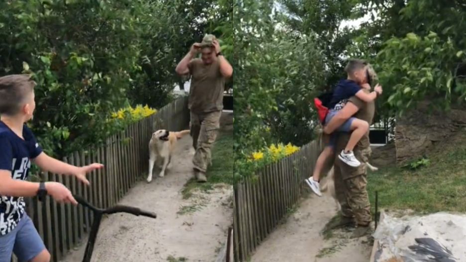 Chłopiec rzuca się w ramiona swojego taty, który wrócił z frontu