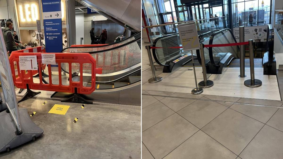 Nieczynne ruchome schody w centrum handlowym Skende i sklepie Ikea