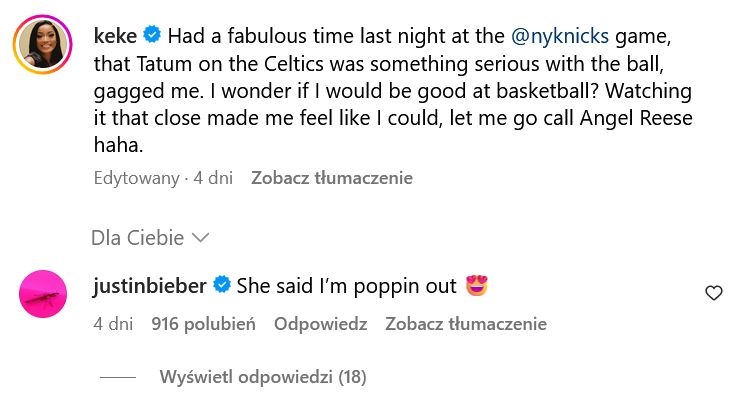 Komentarz Justina Biebera pod zdjęciem Keke Palmer