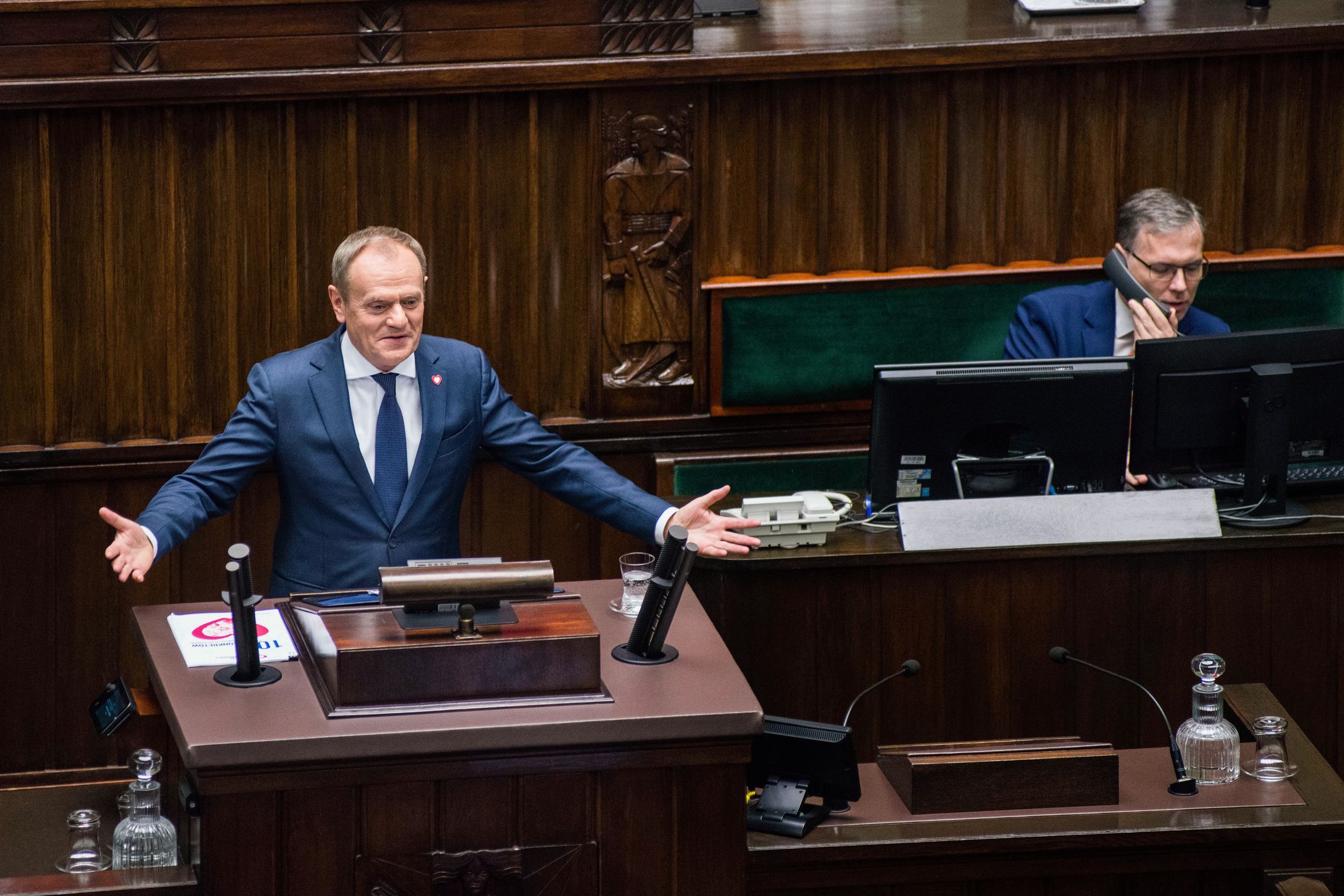 WARSAW, MASOVIAN VOIVODESHIP, POLAND - 2023/12/12: Donald Tusk at his inaugural speech as PM during the session of the parliament (Sejm). Donald Tusk presented his government to the Polish parliament (Sejm) as he became the new prime minister. Poland's newly elected PM said in his inaugural speech to parliament that he will demand full mobilization of the West to help Ukraine and also that xenophobia and anti-LGBTQ rhetoric will end and the time to be happy in Poland has come. Also, Tusk assured that the position of Poland at the European stage would be rebuilt. (Photo by Attila Husejnow/SOPA Images/LightRocket via Getty Images)