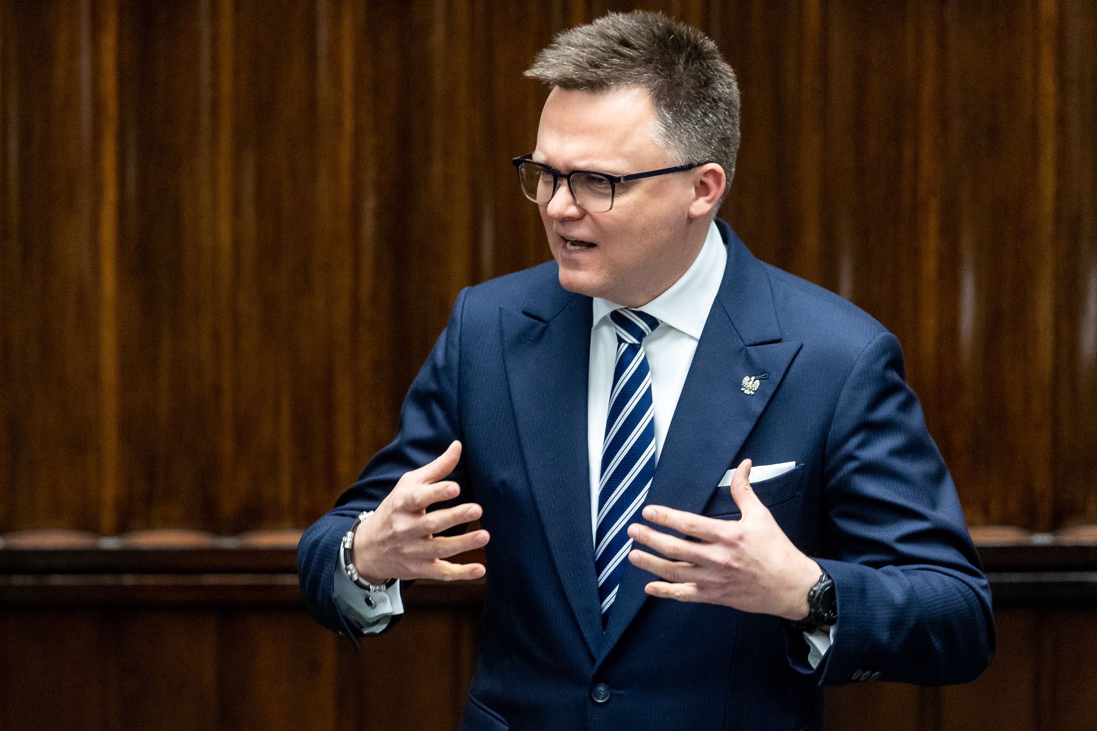 Szymon Holownia, Marshal of the Sejm of the, Republic of Poland during Inter-Parliamentary Conference for the Common Foreign and Security Policy and the Common Security and Defence Policy in Warsaw Poland on 24 March 2025. (Photo by Foto Olimpik/NurPhoto via Getty Images)