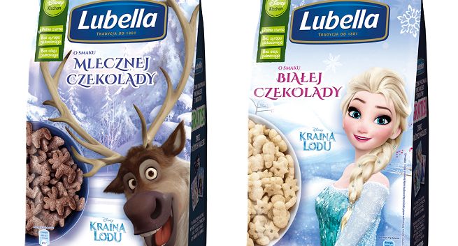 Bohaterowie filmu ,,Kraina lodu” na opakowaniach płatków Lubella