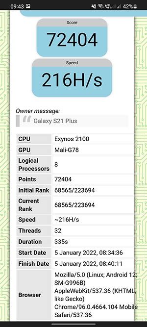 CPU Expert Benchmark Online na telefonie