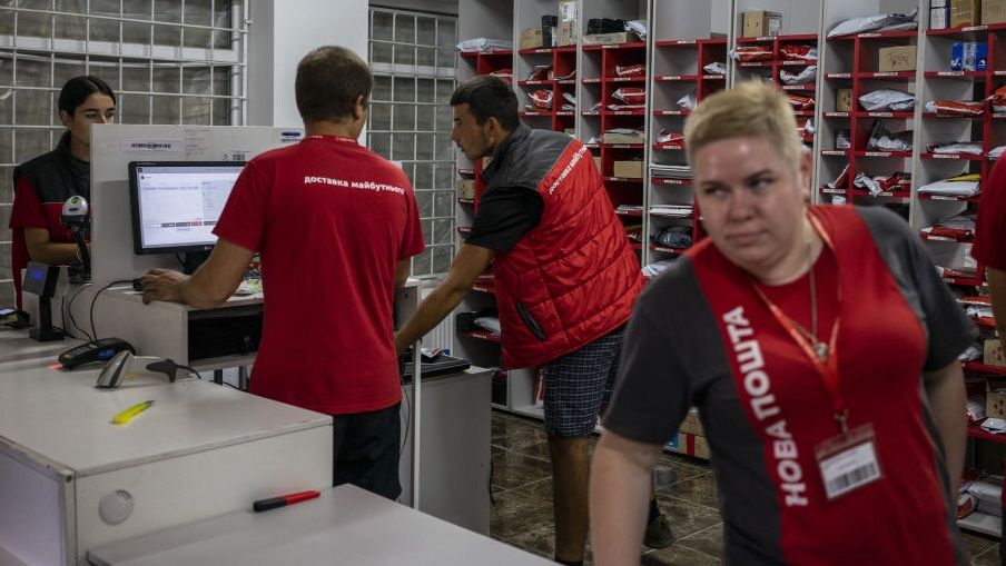 Nova Poshta courier company in UkraineLYMAN, DONETSK OBLAST, UKRAINE - AUGUST 9: Workers of the Nova Poshta company order and deliver parcels at the branch office in Lyman, Donetsk Oblast, Ukraine, on August 9, 2023. Nova Poshta is a privately owned Ukrainian postal and courier company providing logistics and related services to individuals and businesses. Just over 18 kilometres from the frontline in Lyman, the Nova Poshta courier company delivers letters and parcels to civilians and military personnel near the frontline. Its main competitor is the country's post office, Ukrposhta. The company was founded in 2001 by Vyacheslav Klymov and Volodymyr Popereshnyuk. (Photo by Jose Colon/Anadolu Agency via Getty Images)Anadolubusinesses, civilians, company, competitor, deliver, delivery, frontline, logistics, lyman, military personnal, nova poshta, postal, region, russia ukraine war, russian, russian ukrainian war, ukrposhta, volodymyr popereshnyuk, vyacheslav klymov, workers