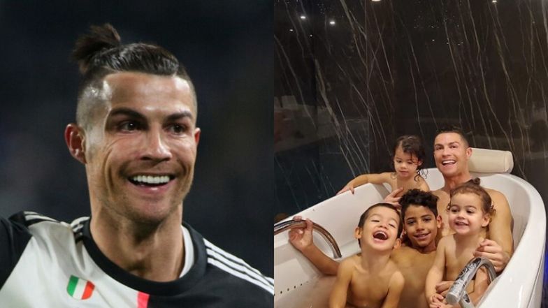 Roześmiany Cristiano Ronaldo pozuje w wannie z gromadką pociech: "Radosna chwila z moimi dziećmi" (FOTO)