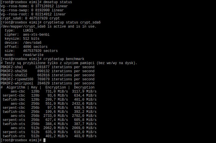 Kryptosystemy różnią się od siebie pod względem szybkości działania. dm-crypt pozwala to przetestować