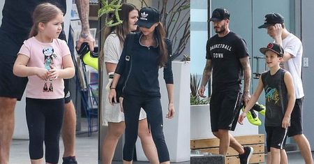 Rodzina Beckhamów w komplecie: zarośnięty David, Victoria w sportowych butach (ZDJĘCIA)