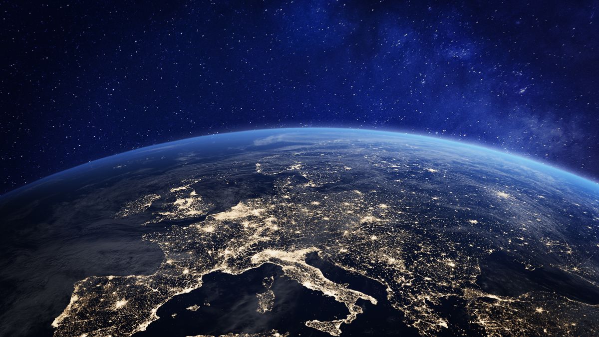 Europe at night viewed from space with city lights showing human activity in Germany, France, Spain, Italy and other countries, 3d rendering of planet Earth, elements from NASA
europe, earth, planet, european, night, lights, cities, urban, human, activity, global, globalization, globe, space, sunrise, sunset, satellite, night light, world, worldwide, international, france, italy, spain, germany, uk, clouds, atmosphere, technology, future, climate, spacial, 3d, 3d render, connection, internet, finance, data, information, monitoring, orbit, surveillance, beautiful, travel, flight over, flying over, overview, map, flyover, nobody