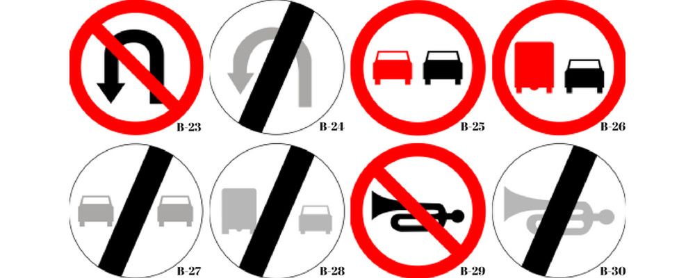 Zakaz zawracania (B-23); Koniec zakazu zawracania (B-24); Zakaz wyprzedzania (B-25); Zakaz wyprzedzania przez samochody ciężarowe (B-26); Koniec zakazu wyprzedzania (B-27); Koniec zakazu wyprzedzania przez samochody ciężarowe (B-28); Zakaz używania sygnałów dźwiękowych (B-29); Koniec zakazu używania sygnałów dźwiękowych (B-30).