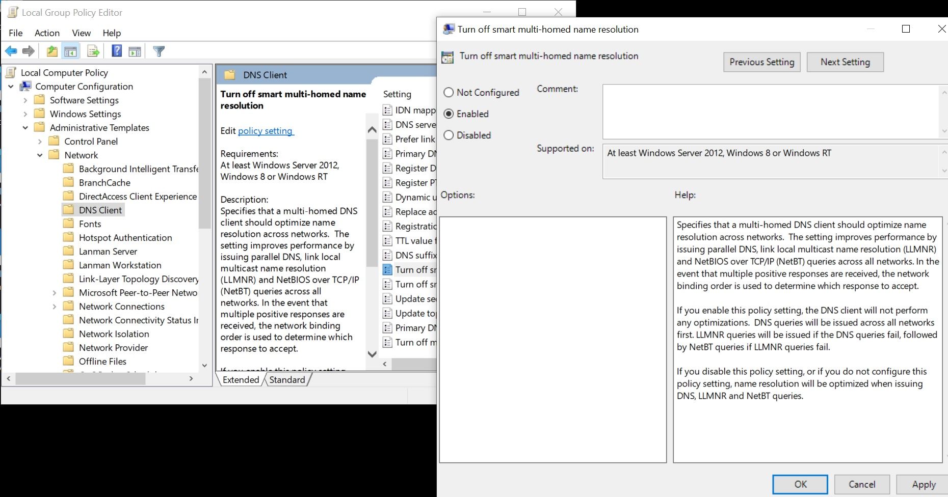 Local Group Policy – wyłączanie opcji multi-homed name resolution