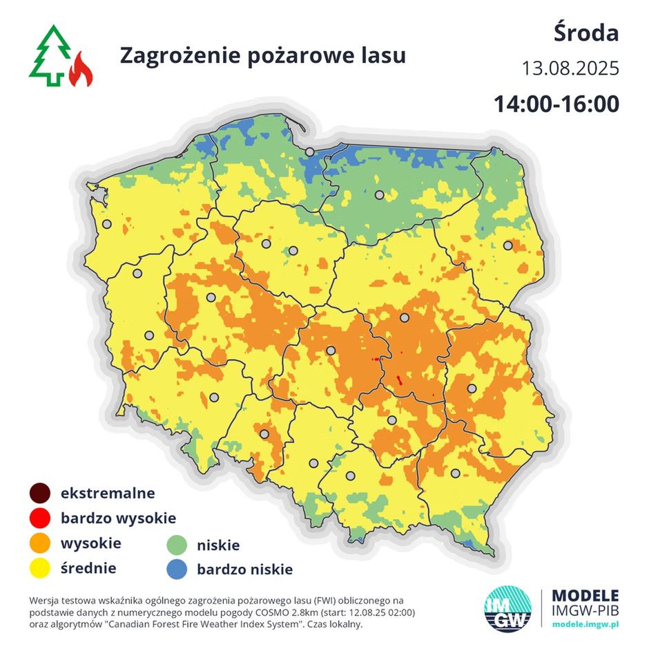 Zagrożenie pożarowe lasu - dane z IMGW.