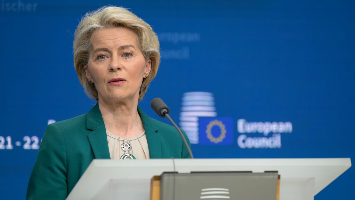 European Commission President Ursula von der Leyen is speaking at a press conference following the European Council summit in Brussels, Belgium, on March 22, 2024. EU leaders are discussing continued support for Ukraine in the face of Russia's war of aggression, security and defense, the unfolding situation in the Middle East, enlargement, external relations, migration, and agriculture. (Photo by Jonathan Raa/NurPhoto via Getty Images)