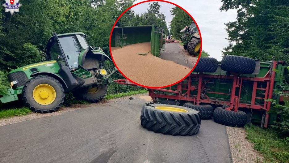 Z ciągnika odpadło koło, zboże wysypało się na drogę