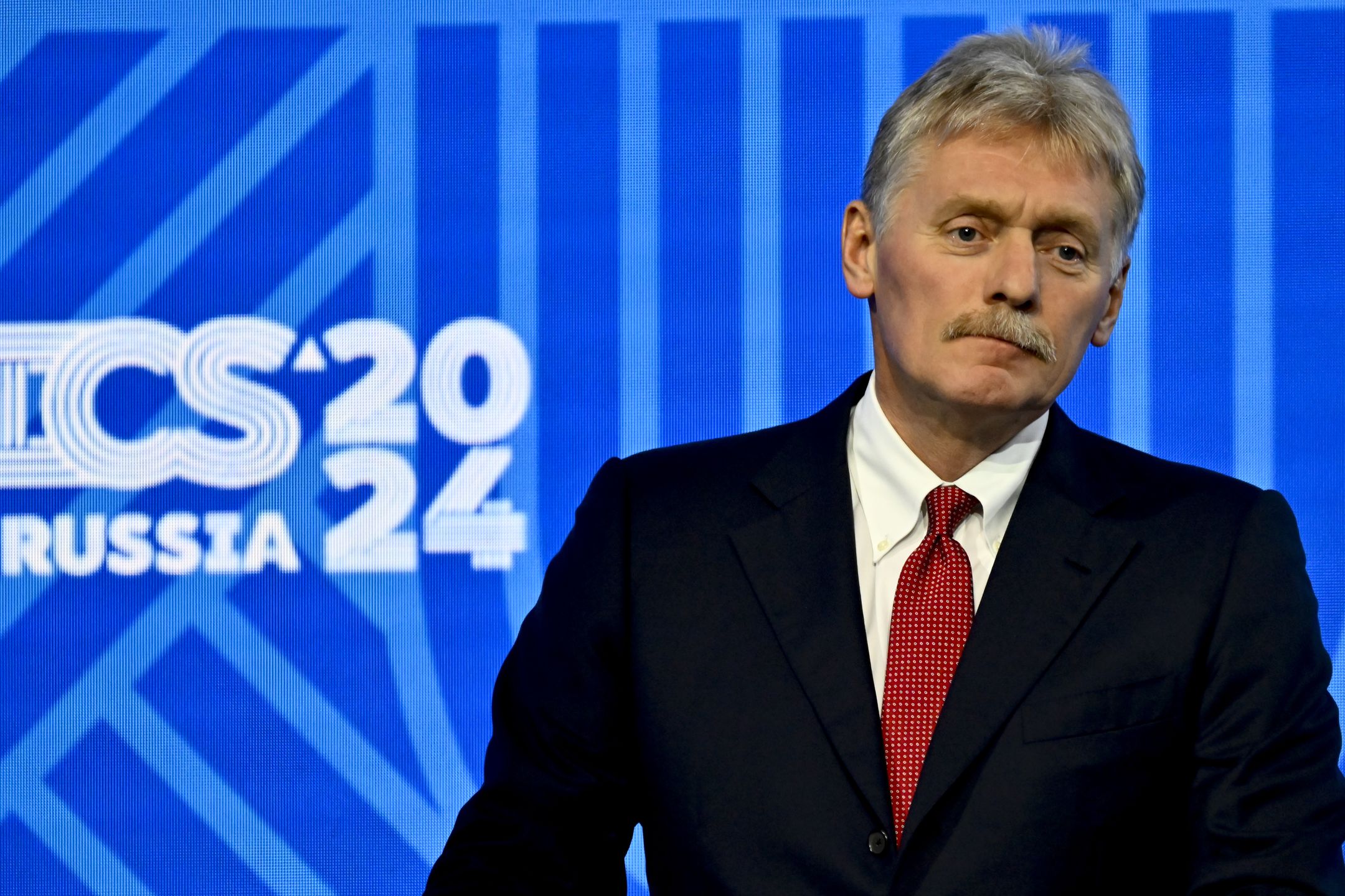 KAZAN, RUSSIA - OCTOBER 24: Kremlin spokesman Dmitry Peskov moderates the press conference held by President of Russia Vladimir Putin (not seen) as part of the 16th BRICS Summit in Kazan, Russia on October 24, 2024. (Photo by Sefa Karacan/Anadolu via Getty Images)