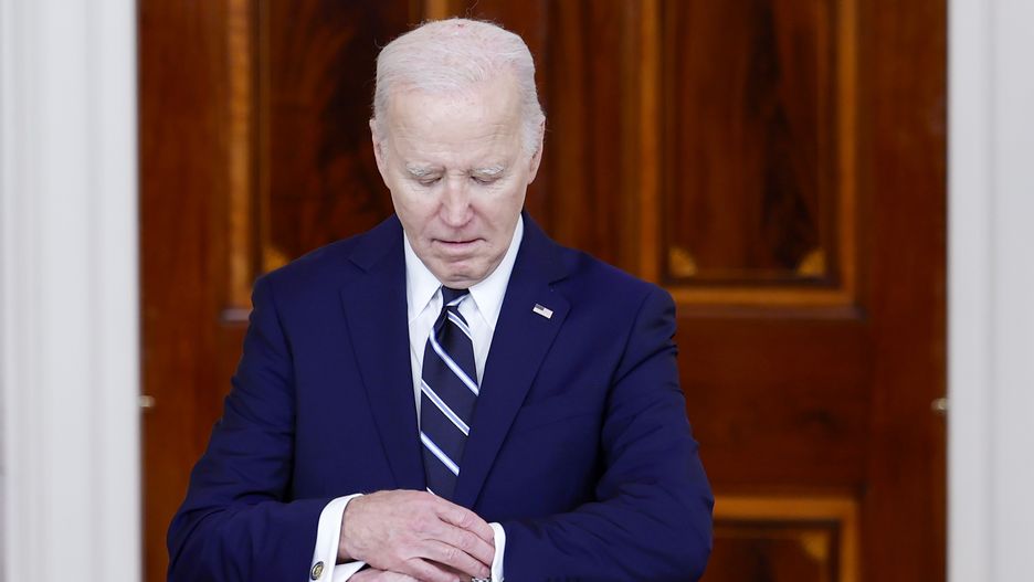 WASHINGTON, DC - FEBRUARY 12: U.S. President Joe Biden looks at his watch as he arrives to give remarks with King of Jordan Abdullah II ibn Al Hussein at the White House on February 12, 2024 in Washington, DC. The King of Jordan is visiting the U.S. Capital as part of his yearly visit amidst ongoing hostage negotiations between Hamas and Israel and after a strike killed three U.S. soldiers at a military base in northeast Jordan.  (Photo by Anna Moneymaker/Getty Images)