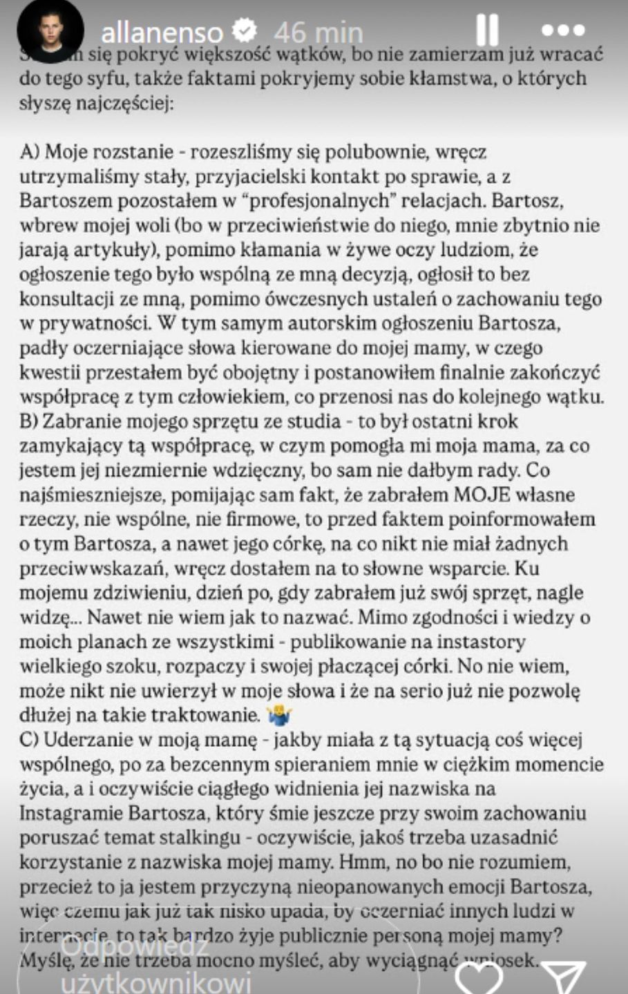 Allan Krupa opublikował oświadczenie 