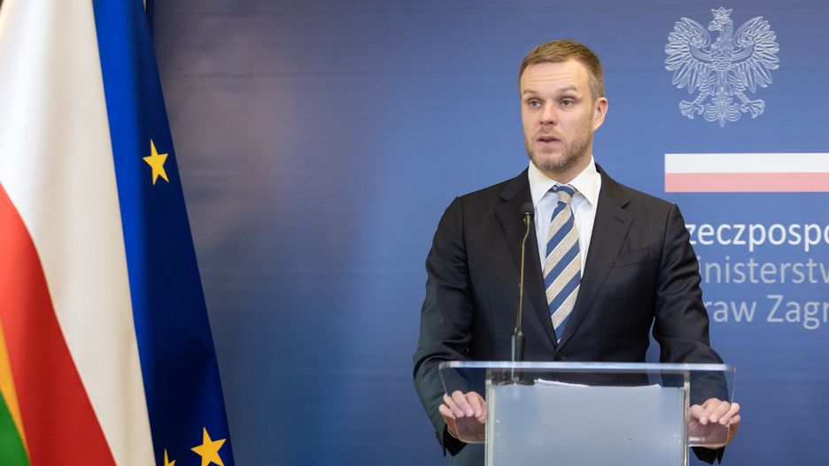 Gabrielius Landsbergis, the Lithuanian Minister of Foreign Affairs, is speaking during a press conference in Warsaw, Poland, on March 20, 2024. (Photo by Foto Olimpik/NurPhoto via Getty Images)